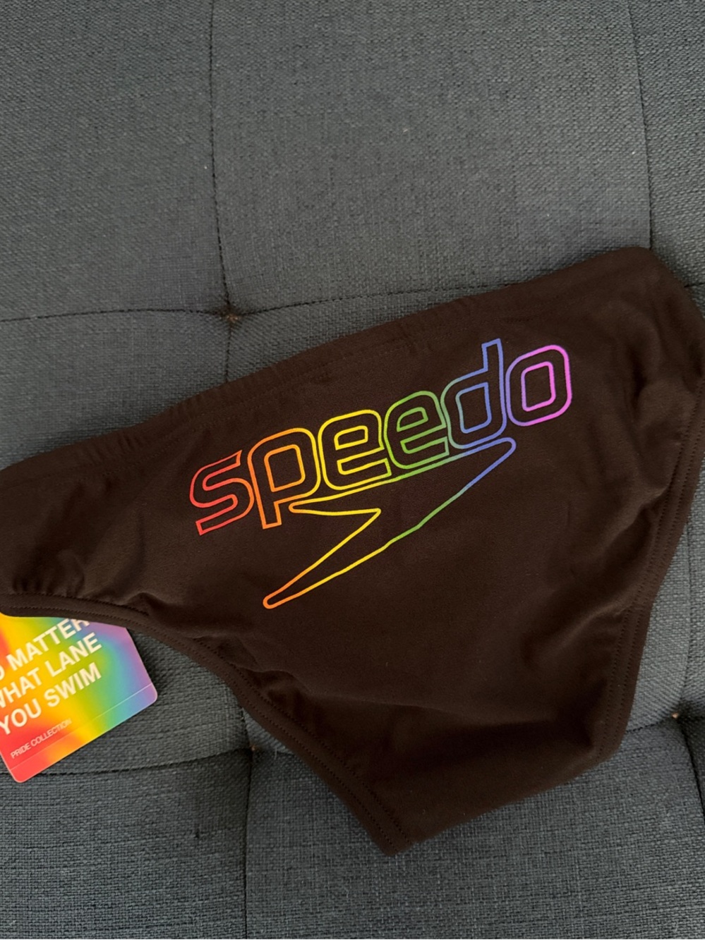Speedo Men’s Black Swim Brief with Rainbow Logo NEW European Brazilian Pride 30